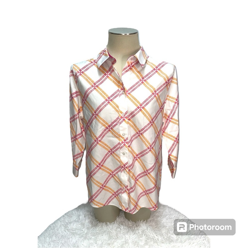 Chico's No Iron Stretch Button Down White Pink Orange Plaid Women's Size 2